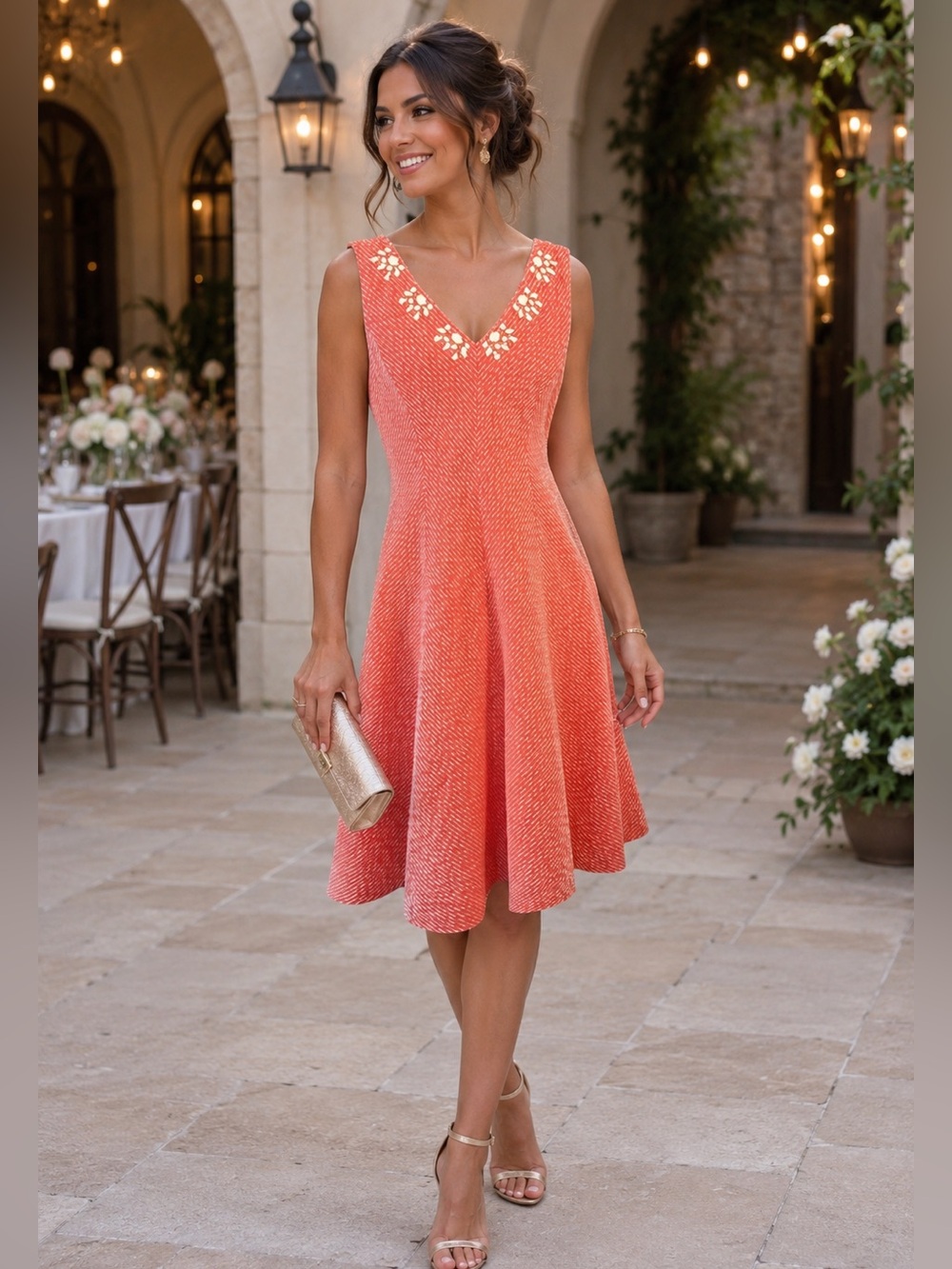 Anne Klein Coral Texture Sleeveless Beaded V-Neck Fit & Flare Midi Dress 12